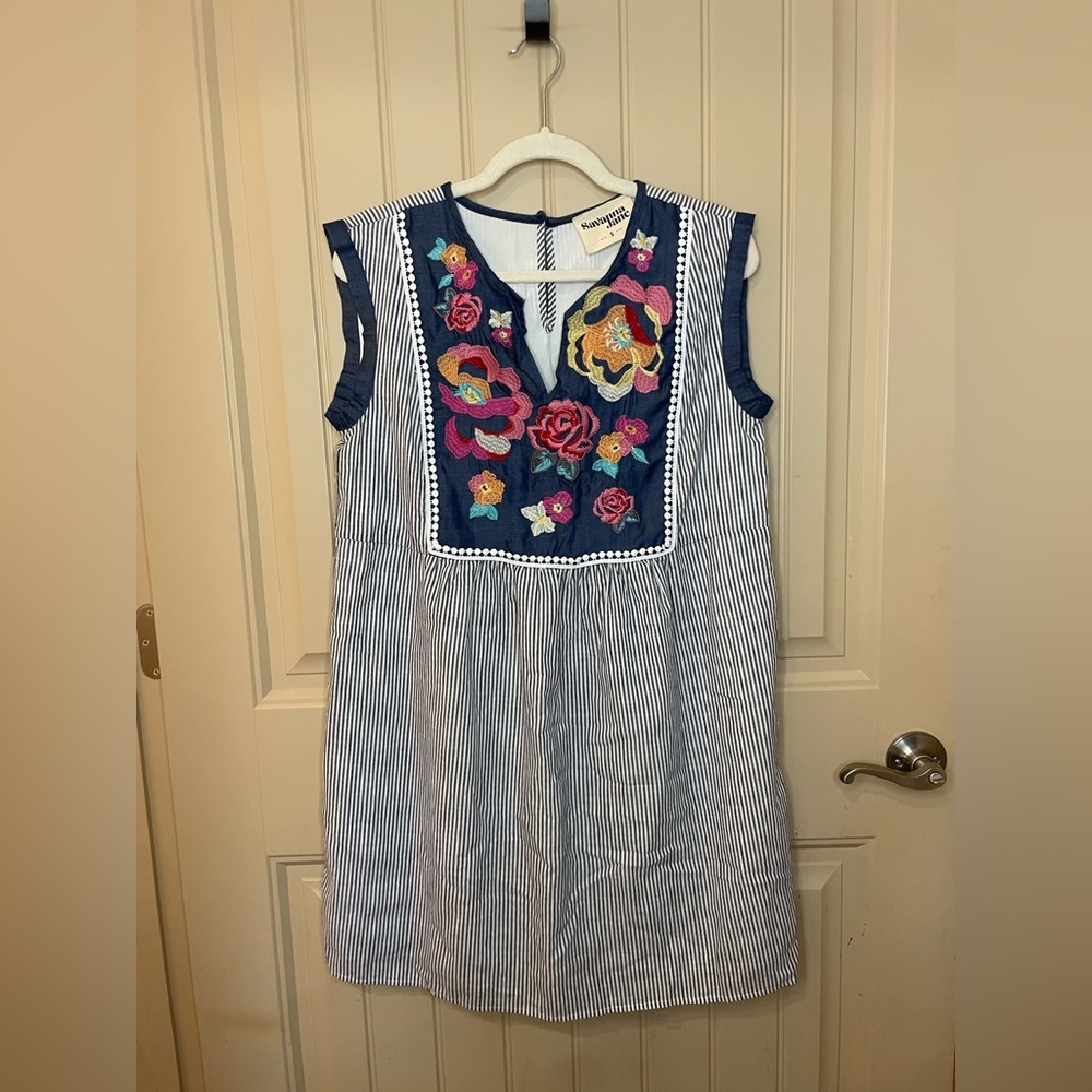 Savanna Jane Womens Small Mini Dress Tunic Blue Stripe Embroidered Flower Bib